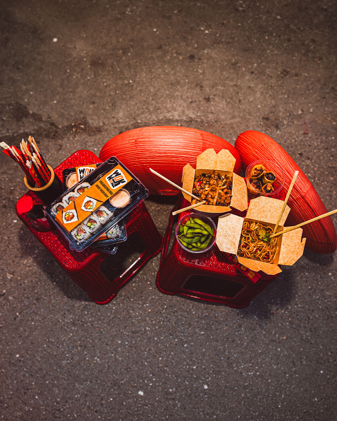 Overhead street-food spread from WokWok